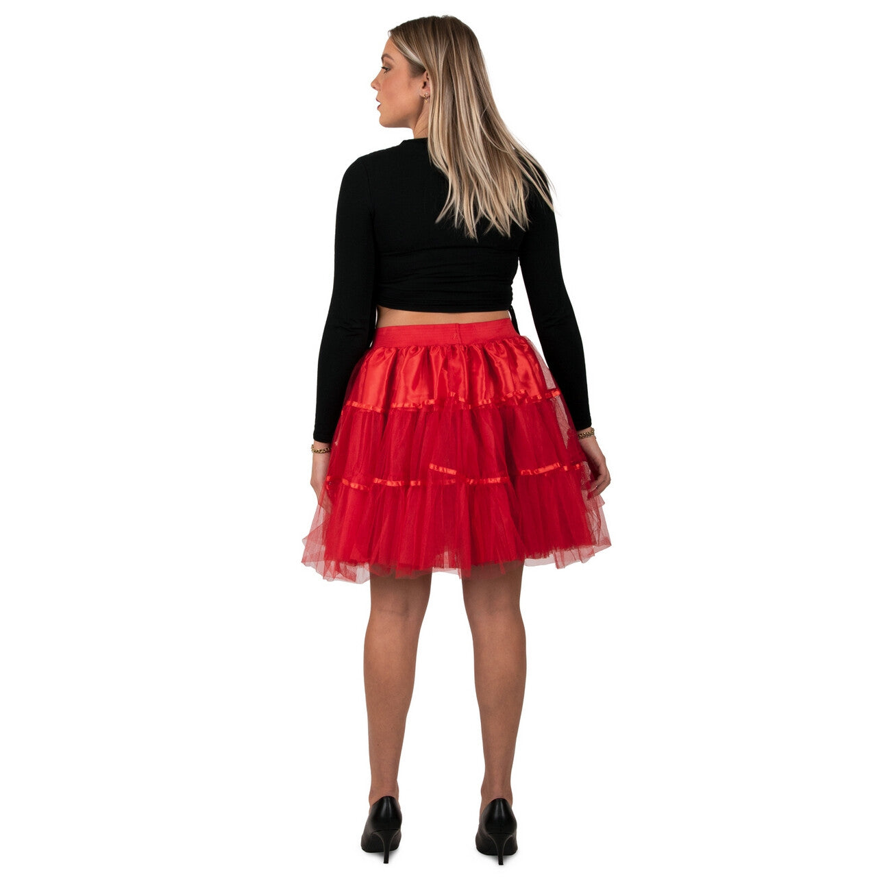 Op deze afbeelding zie je een Kostuums, van het merk PartyXplosion. Petticoat Duivels Rood 45 Centimeter Vrouw