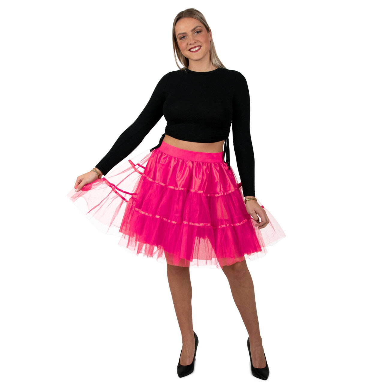 Op deze afbeelding zie je een Kostuums, van het merk PartyXplosion. Zuurstok Roze Petticoat Neon 45 Centimeter Vrouw