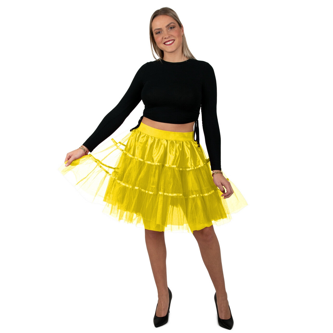 Op deze afbeelding zie je een Kostuums, van het merk PartyXplosion. Zonnige Petticoat Geel 65 Centimeter Vrouw