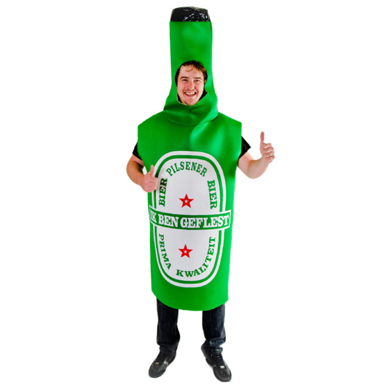 Op deze afbeelding zie je een Kostuums, van het merk PartyXplosion. Groen Natte Droom Bierfles Kostuum Man
