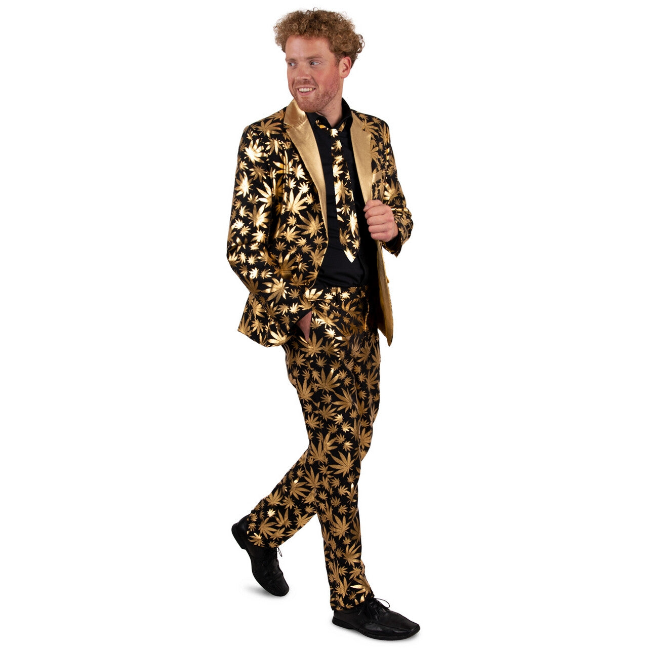 Op deze afbeelding zie je een Kostuums, van het merk PartyXplosion. Golden Blitse Cannabizniz Man Kostuum