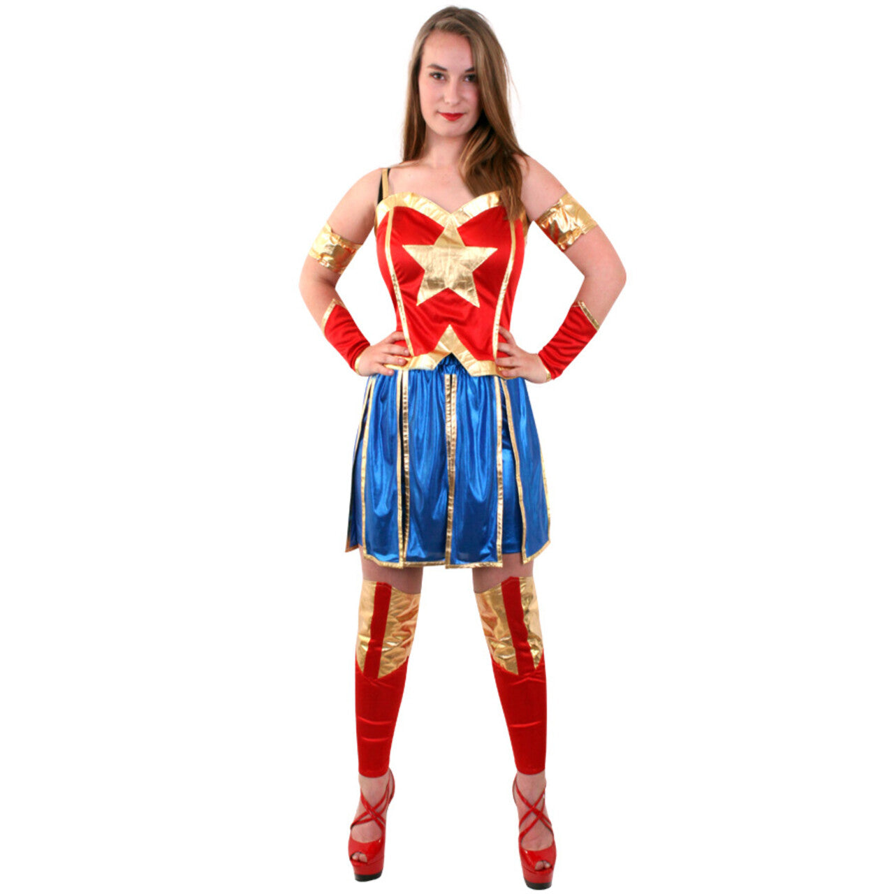 Op deze afbeelding zie je een Kostuums, van het merk PartyXplosion. Miss America Superheldin Vrouw Kostuum