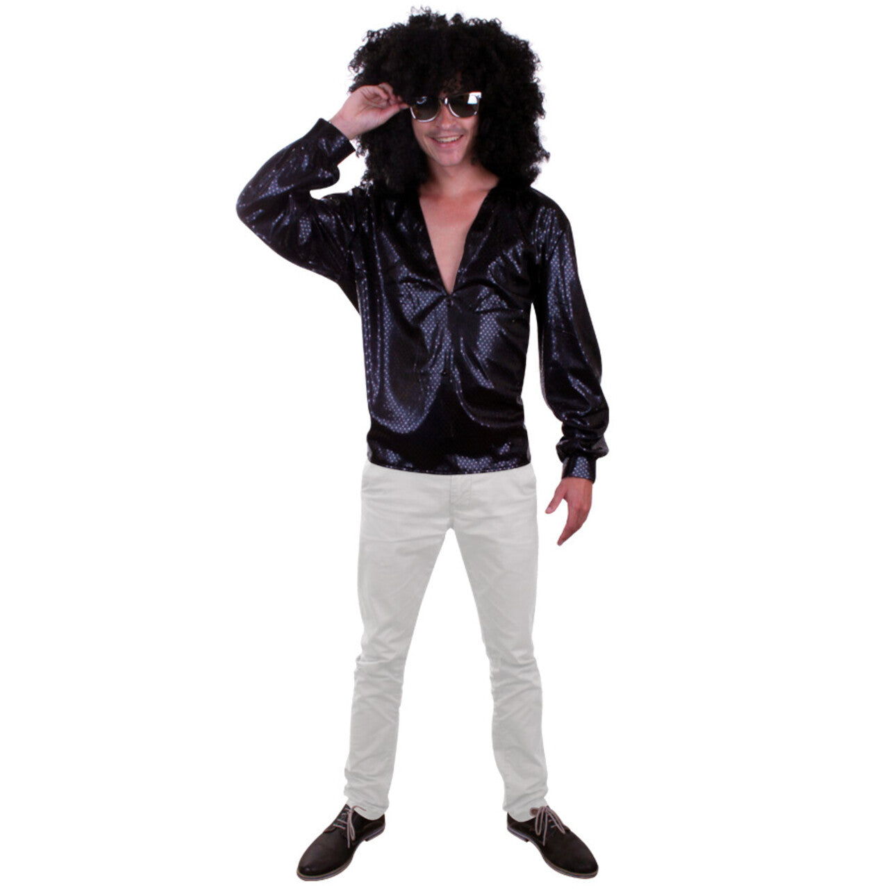 Op deze afbeelding zie je een Kostuums, van het merk PartyXplosion. Donkere Bling Bling Disco Blouse Man