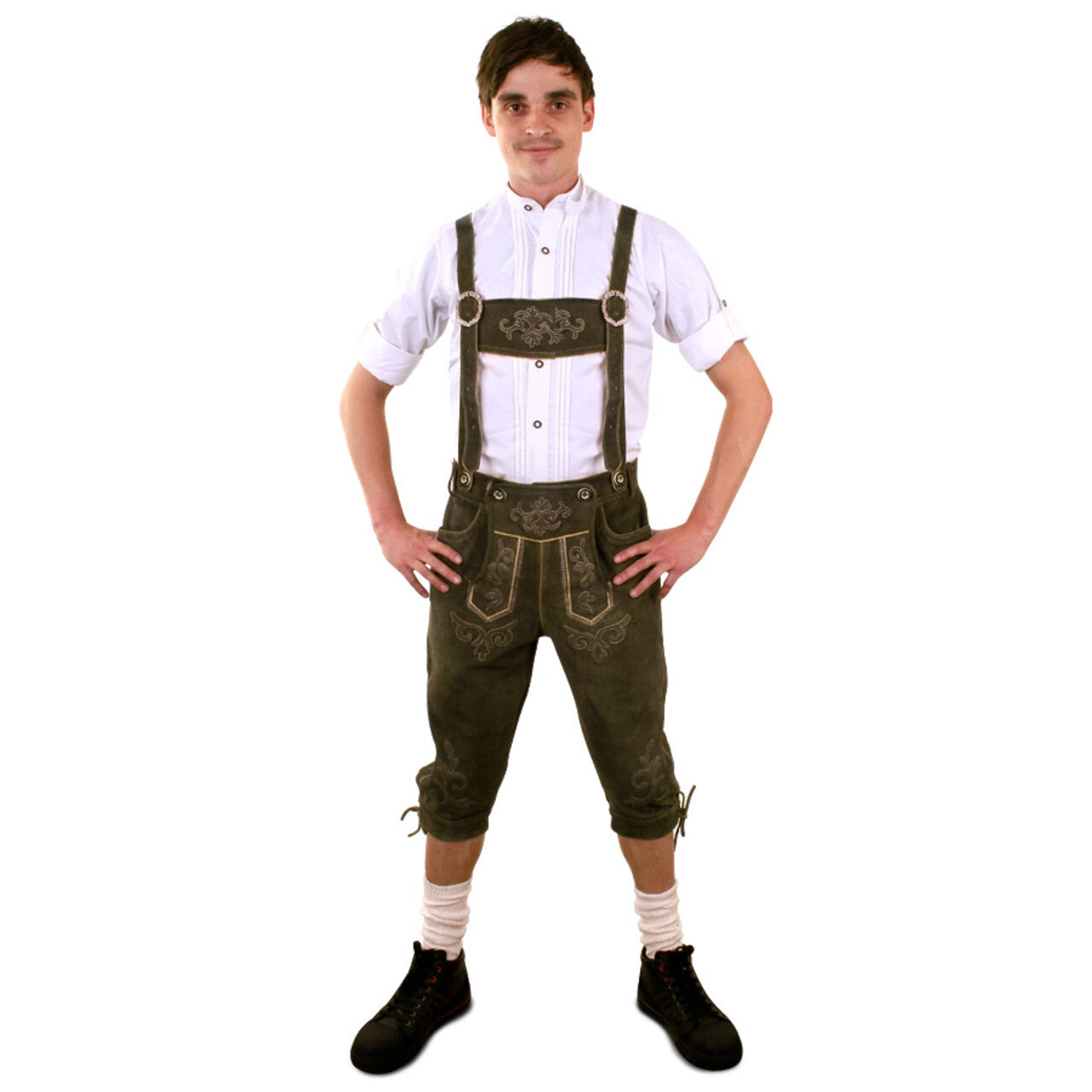 Op deze afbeelding zie je een Kostuums, van het merk PartyXplosion. Lederhose Groen Deluxe Driekwart Met Groene Borduursels (Echt Leer) Man