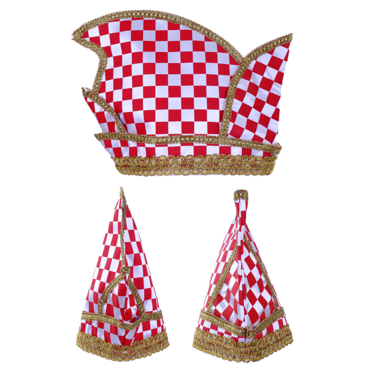Op deze afbeelding zie je een Accessoires, van het merk PartyXplosion. Prinsenmuts Rood Wit Geblokt Met Gouden Draad Maat 63