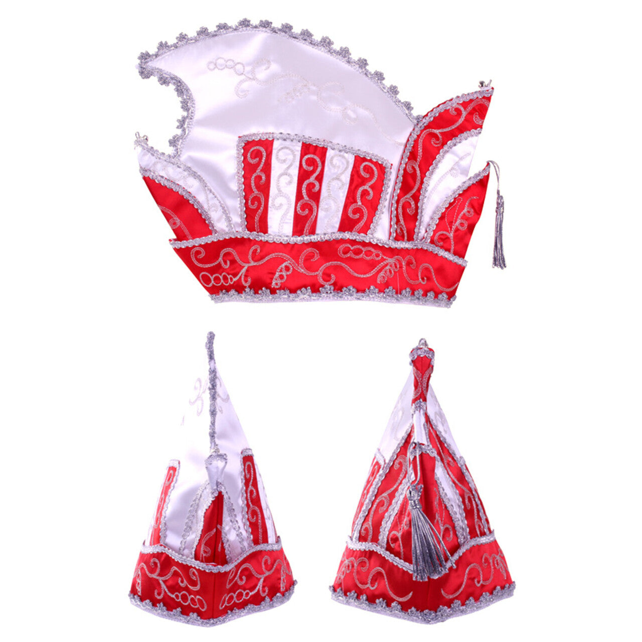 Op deze afbeelding zie je een Accessoires, van het merk PartyXplosion. Prinsenmuts Rood Wit Met Zilveren Draad Maat 63