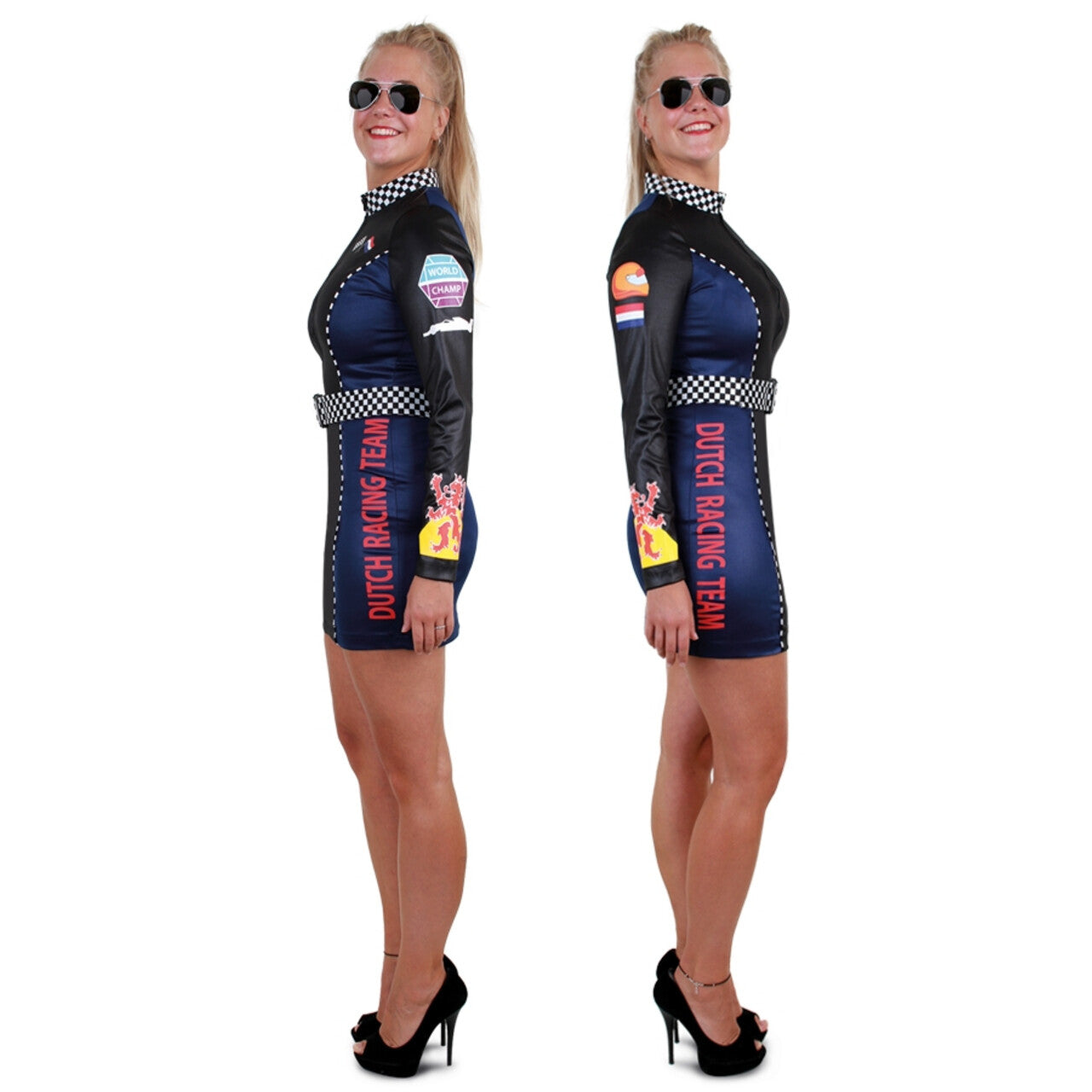 Op deze afbeelding zie je een Kostuums, van het merk PartyXplosion. Strak Formule 1 Pitspoes Supporter Van Max Vrouw Kostuum