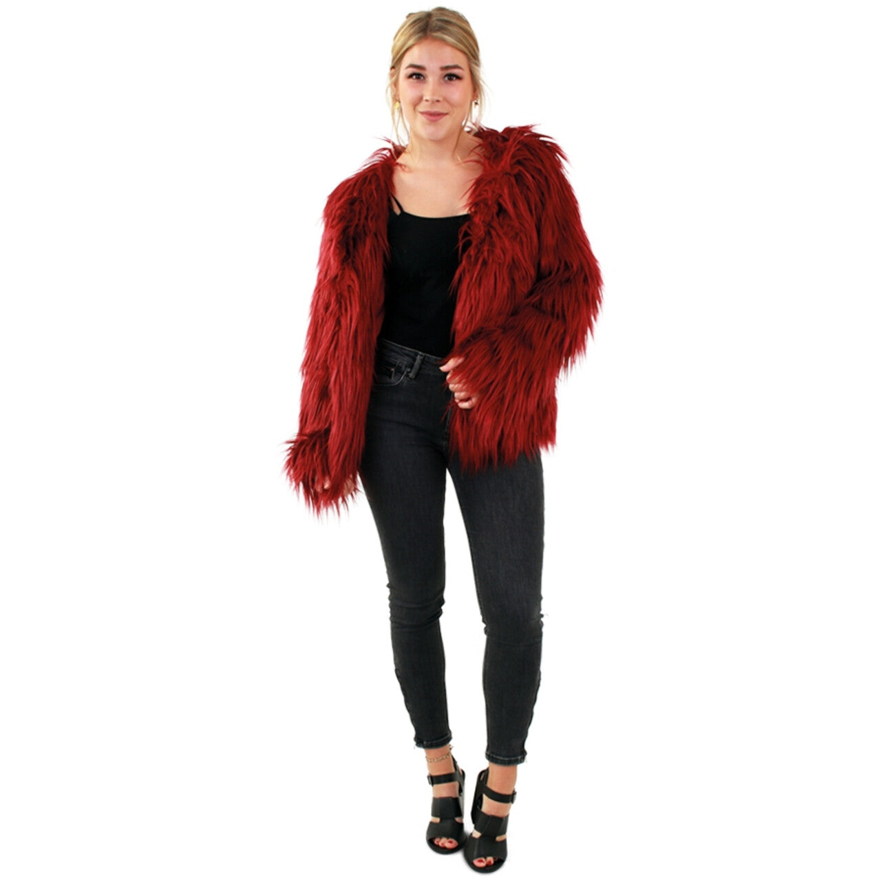 Op deze afbeelding zie je een Kostuums, van het merk PartyXplosion. Adellijke Bontjas Lang Haar Bordeaux Rood Vrouw