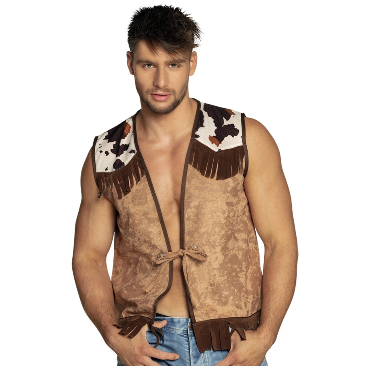 Op deze afbeelding zie je een Kostuums, van het merk PartyXplosion. Cowboy Cowgirl Wild West Vest Koe