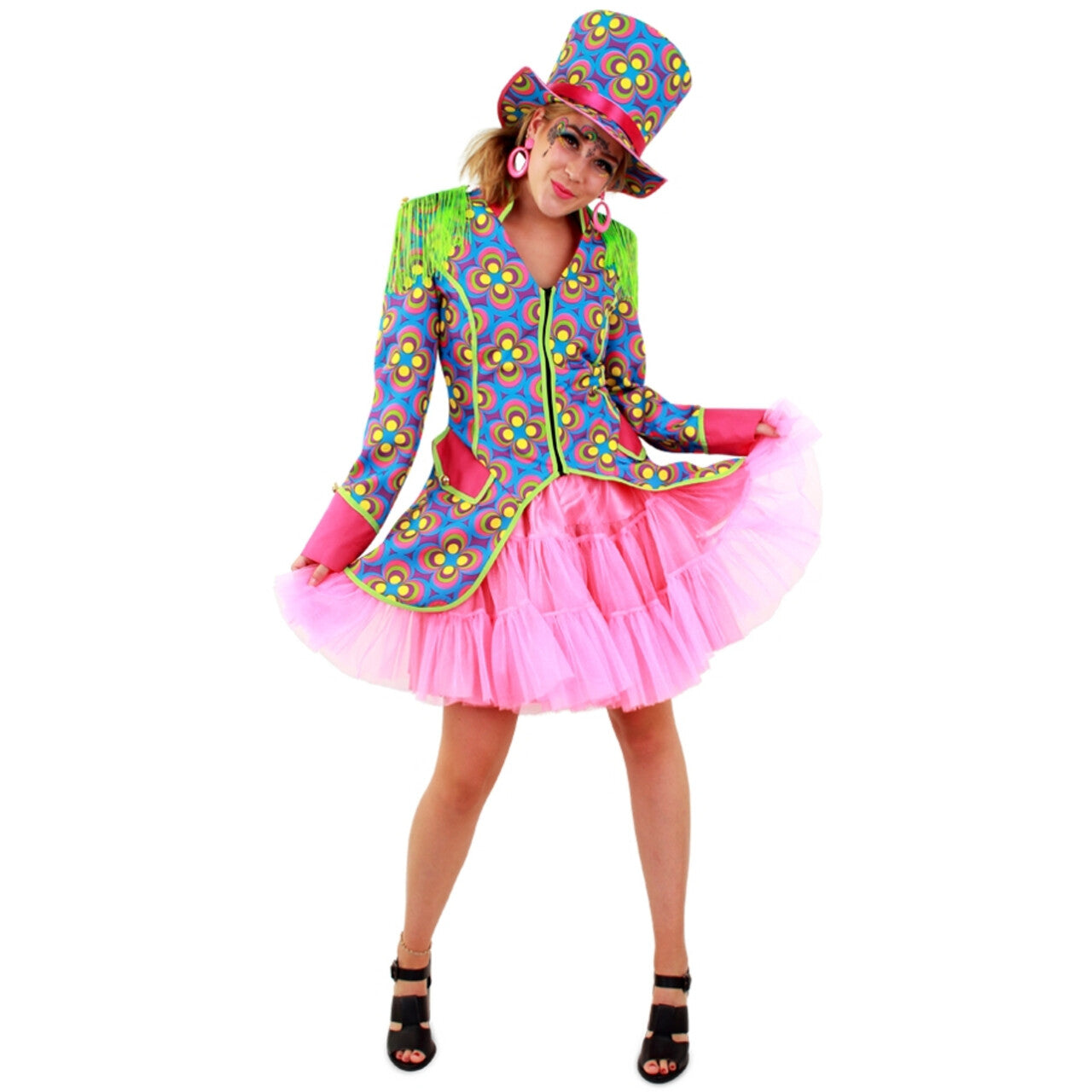 Op deze afbeelding zie je een Kostuums, van het merk PartyXplosion. Flower Power Slipjas Hippie Clown Vrouw