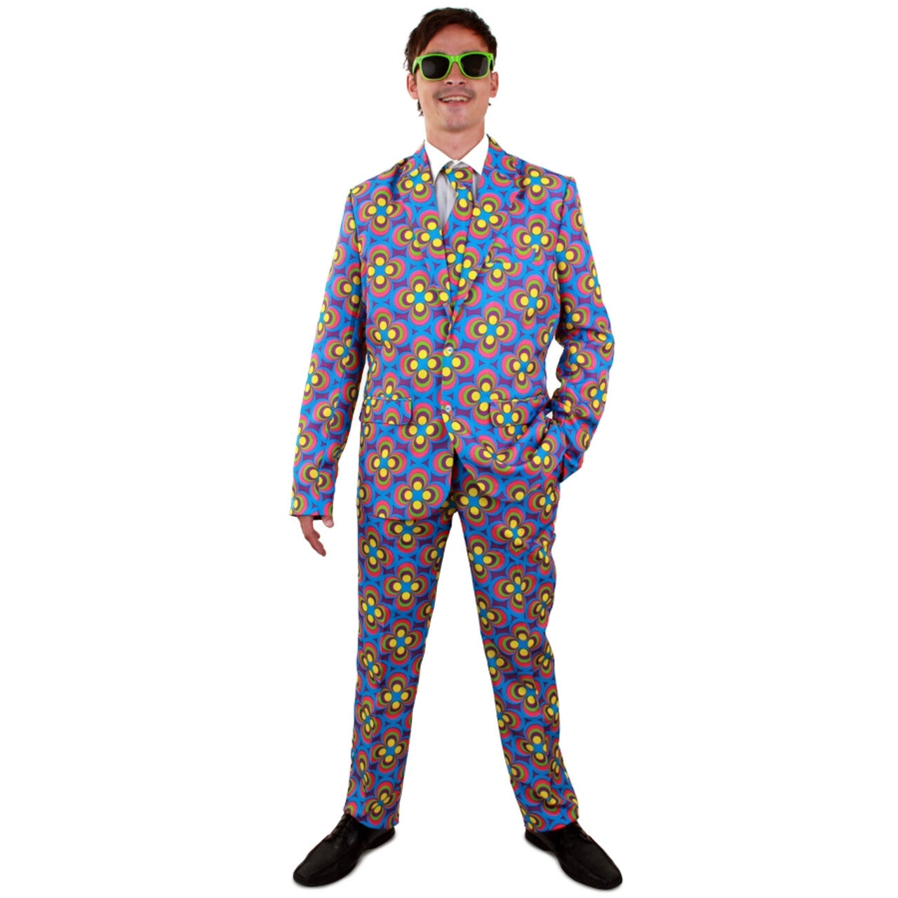 Op deze afbeelding zie je een Kostuums, van het merk PartyXplosion. Honderd Vrolijke Bloemen Flower Power Man Kostuum