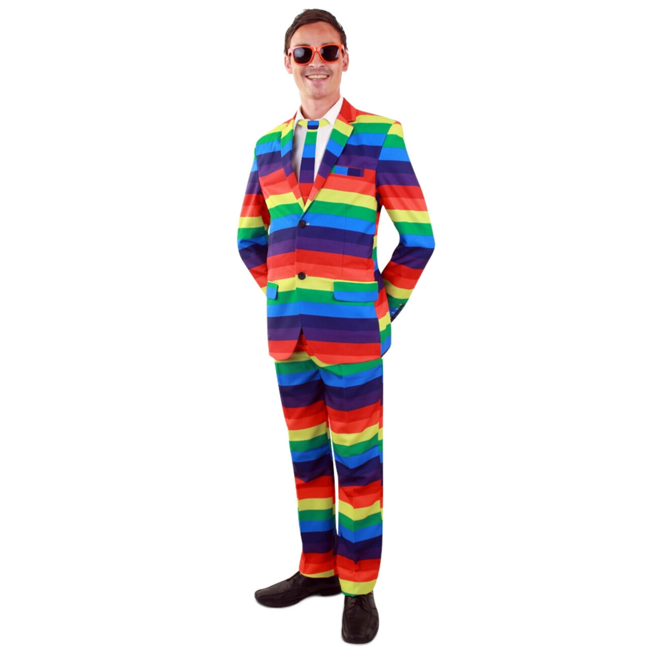 Op deze afbeelding zie je een Kostuums, van het merk PartyXplosion. Vrolijk Robbie Regenboog Multicolor Man Kostuum