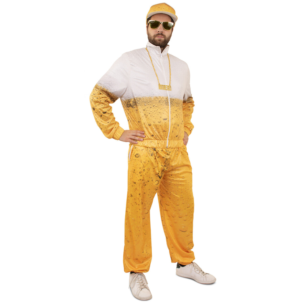 Op deze afbeelding zie je een Kostuums, van het merk PartyXplosion. Fout Bierprint Bierfles Trainingspak Bier Schuimende Pint Kostuum