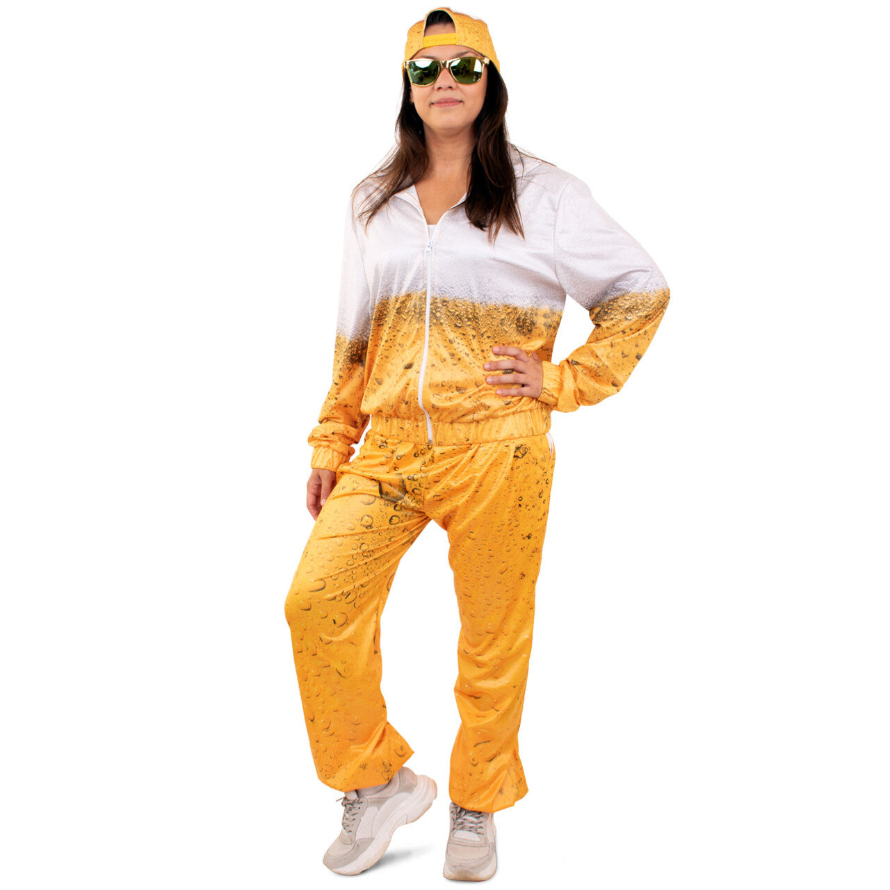 Op deze afbeelding zie je een Kostuums, van het merk PartyXplosion. Fout Bierprint Bierfles Trainingspak Bier Schuimende Pint Kostuum