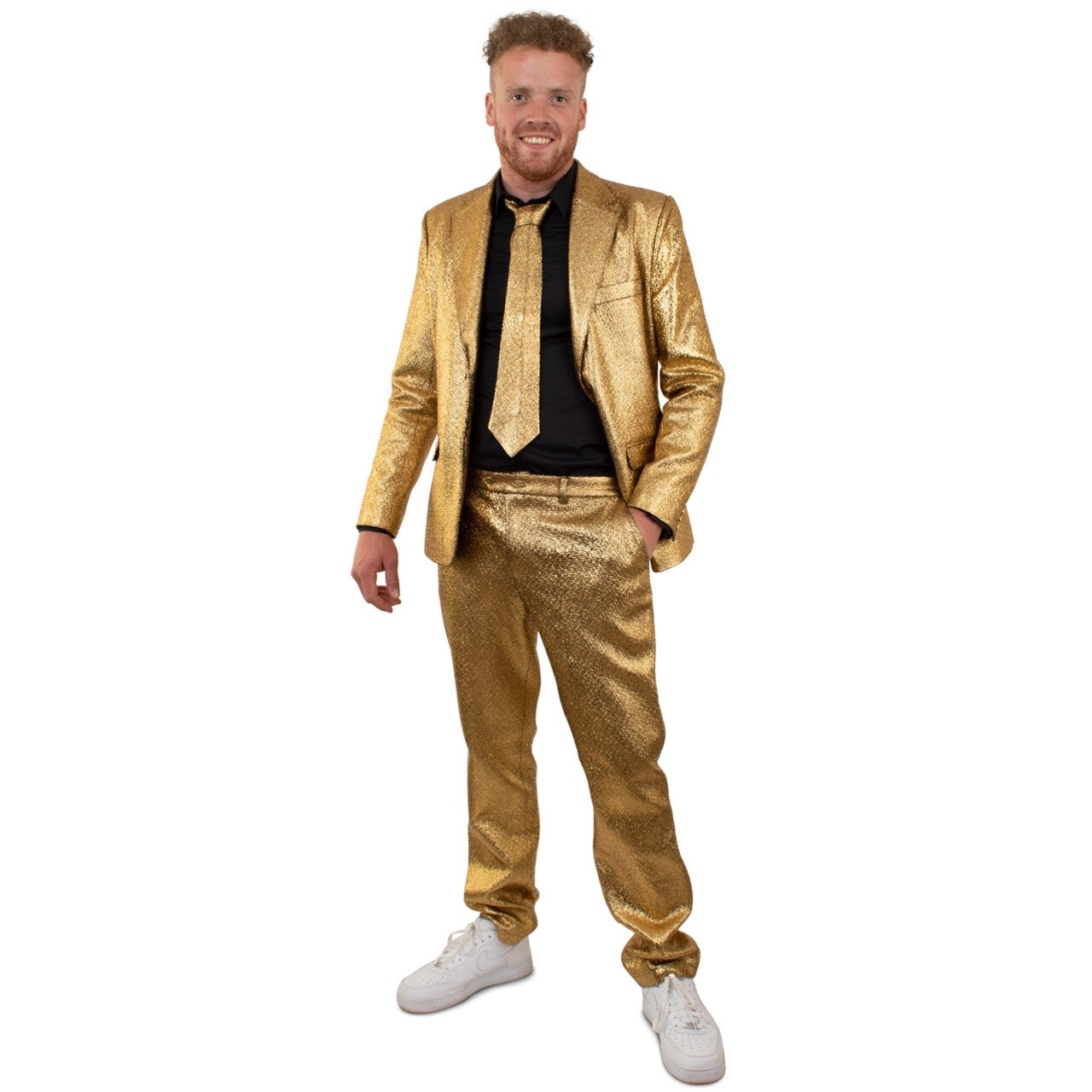 Op deze afbeelding zie je een Kostuums, van het merk PartyXplosion. Gouden Disco Glamour 3delig Kostuum Man