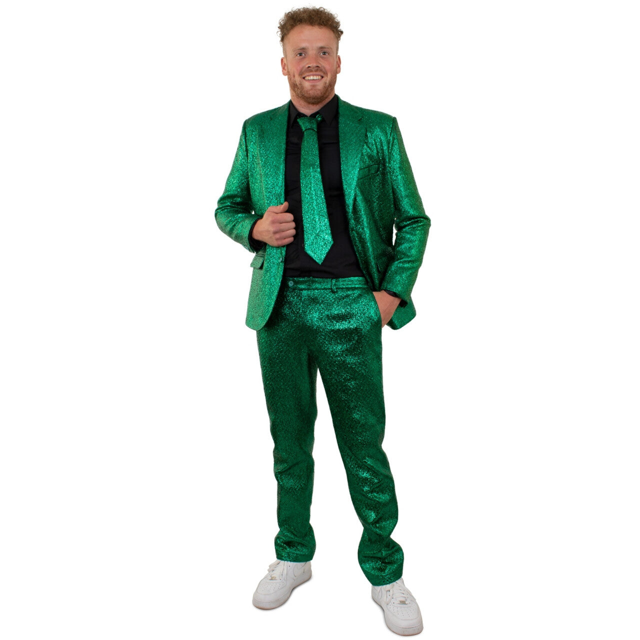 Op deze afbeelding zie je een Kostuums, van het merk PartyXplosion. Glamour Green Metallic 3delig Man Kostuum