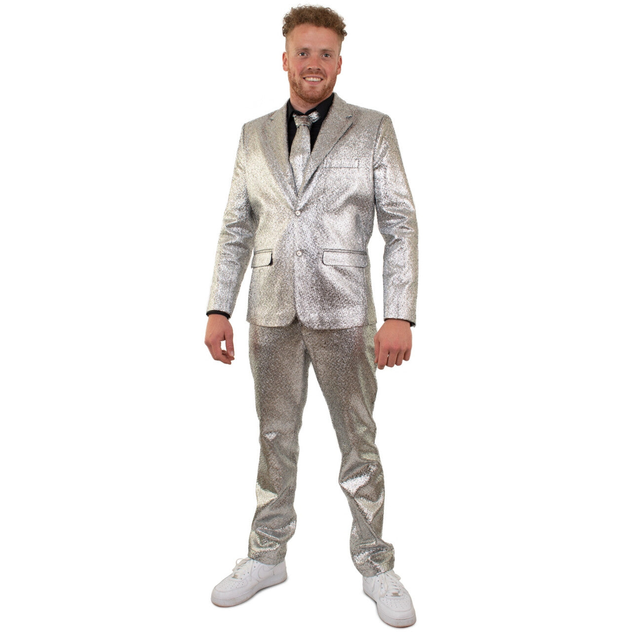 Op deze afbeelding zie je een Kostuums, van het merk PartyXplosion. Zilver Metallic Space Man 3-Delig Kostuum