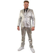 Op deze afbeelding zie je een Kostuums, van het merk PartyXplosion. Zilver Metallic Space Man 3-Delig Kostuum