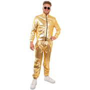 Op deze afbeelding zie je een Kostuums, van het merk PartyXplosion. Gouden Metallic Trainingspak Proud To Be Goud Heren Man Kostuum