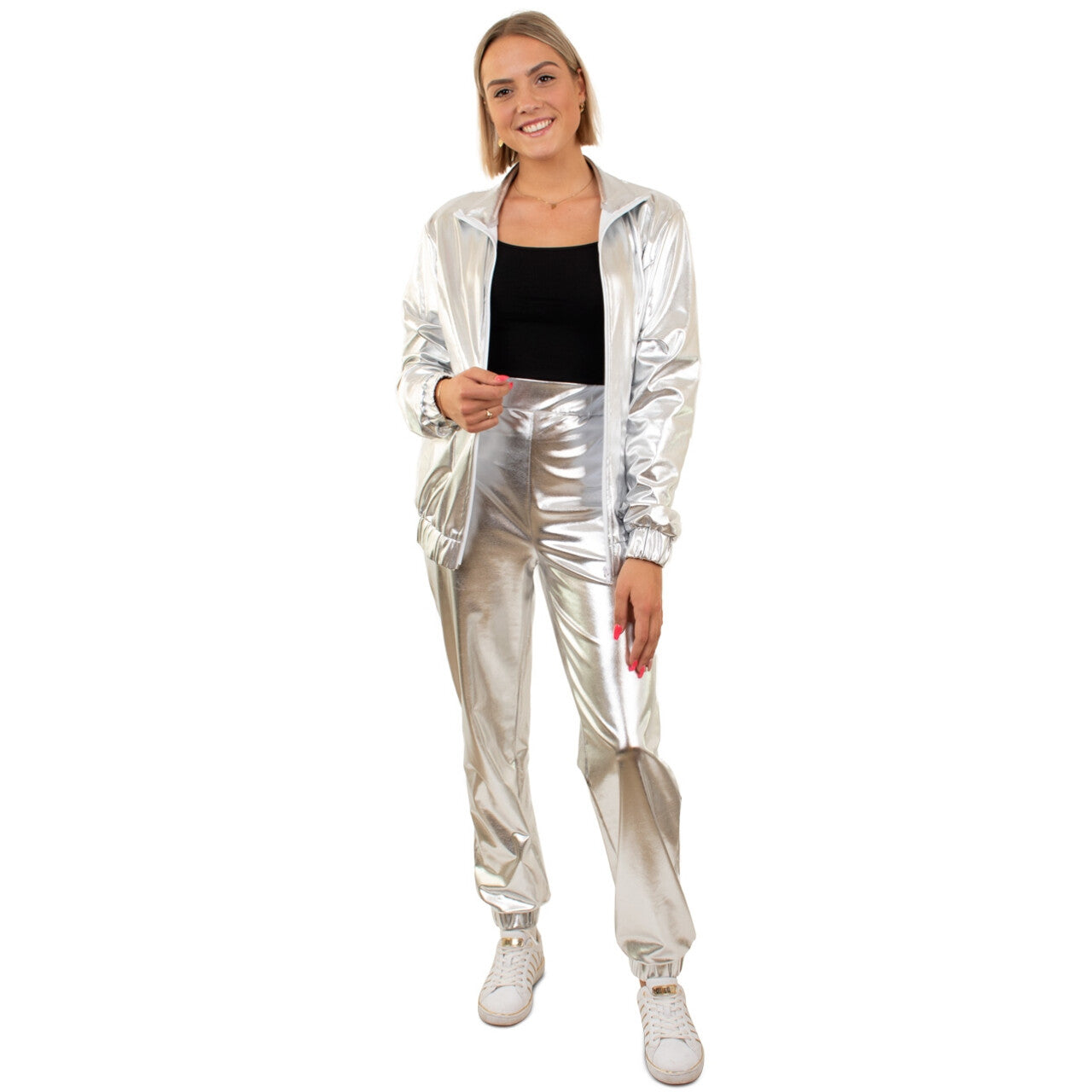 Op deze afbeelding zie je een Kostuums, van het merk PartyXplosion. Trainingspak Zilver Space Invasie Dames Vrouw Kostuum