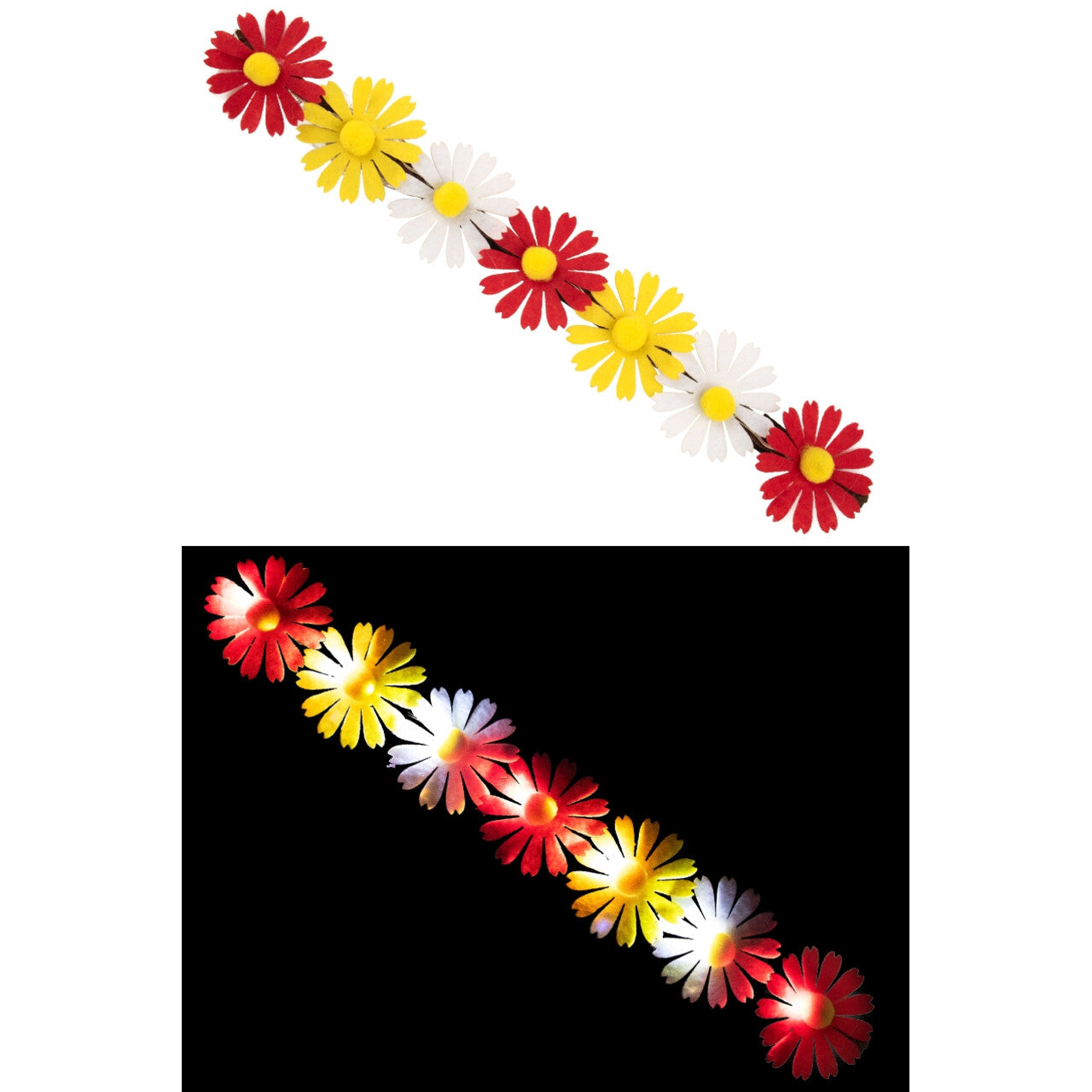 Op deze afbeelding zie je een Accessoires, van het merk PartyXplosion. Hoofdband Met Bloemen En Licht Rood Wit Geel Zonder Batterijen