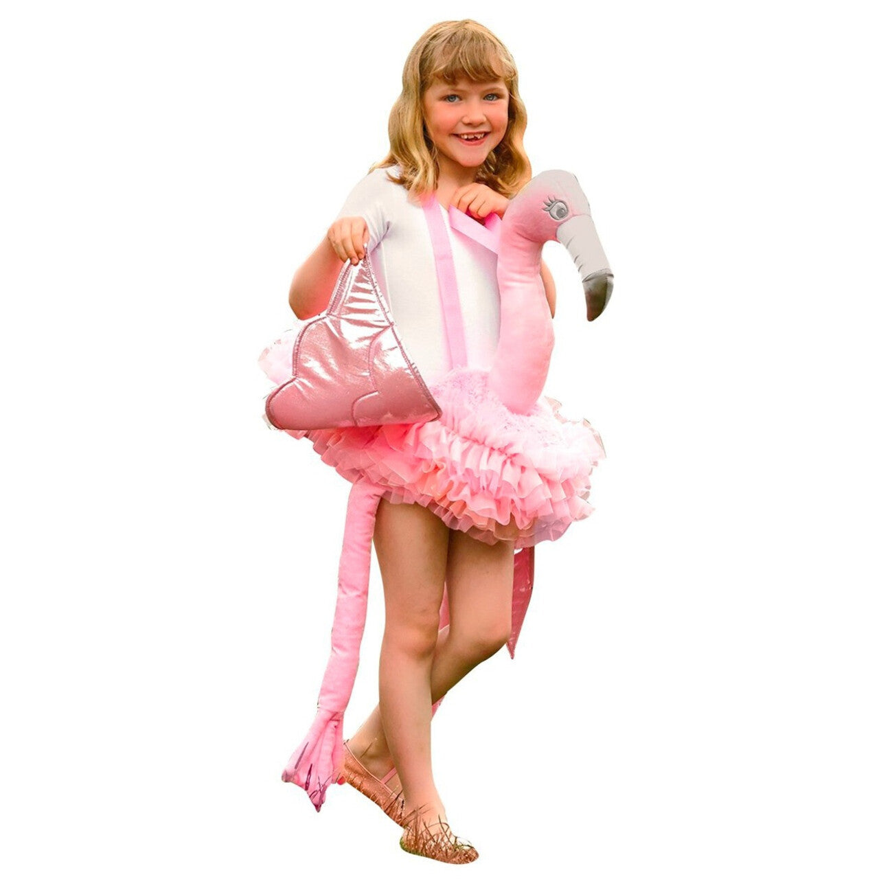 Op deze afbeelding zie je een Kostuums, van het merk PartyXplosion. Op De Rug Van Een Roze Flamingo Meisje Kostuum