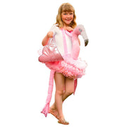 Op deze afbeelding zie je een Kostuums, van het merk PartyXplosion. Op De Rug Van Een Roze Flamingo Meisje Kostuum