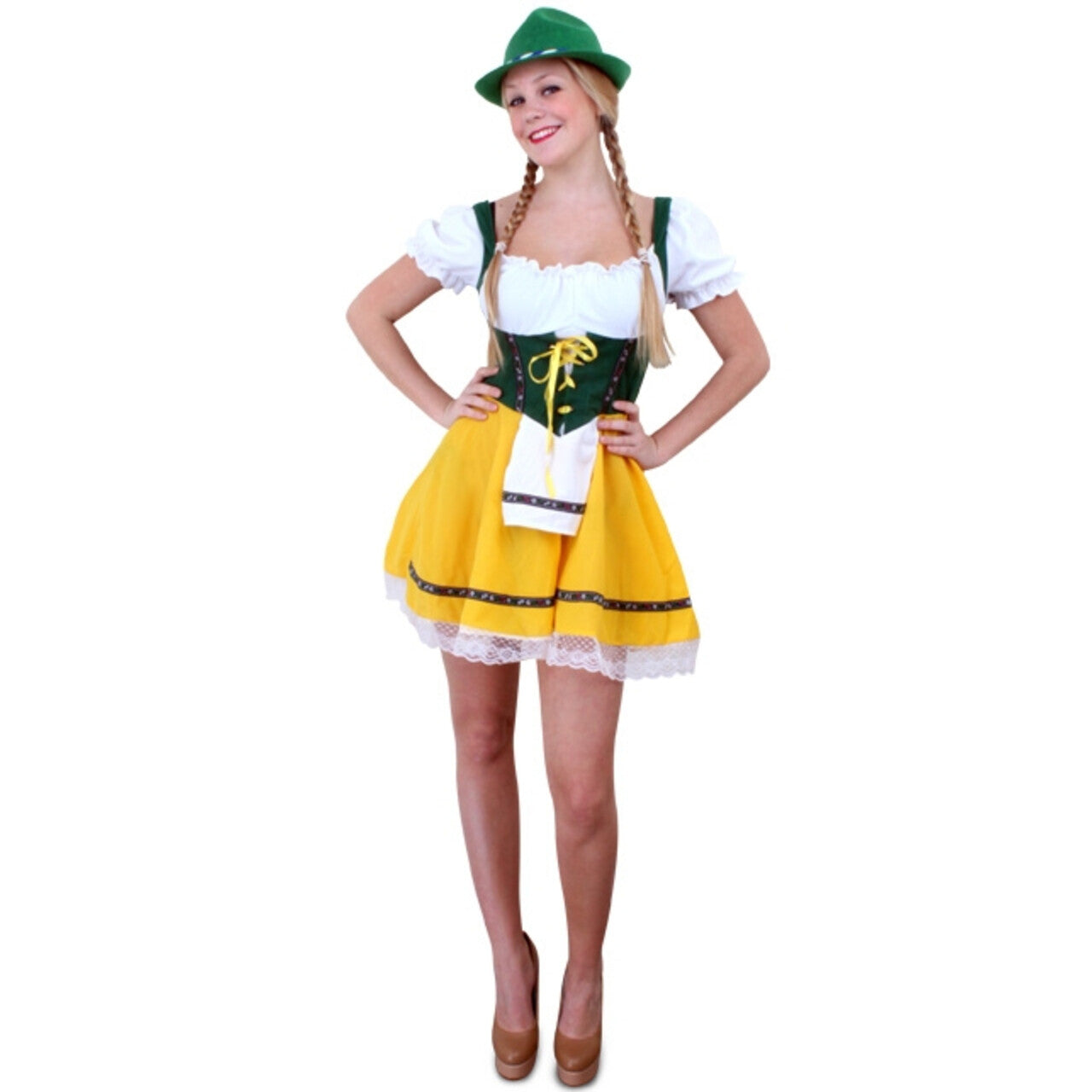 Op deze afbeelding zie je een Kostuums, van het merk PartyXplosion. Biergele Dirndl Silke Vrouw Kostuum