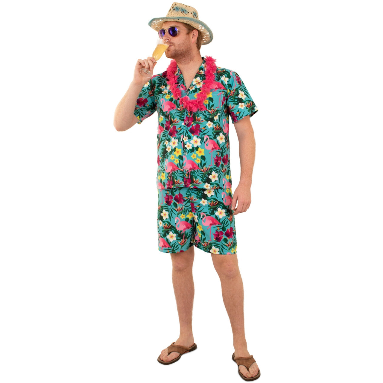 Op deze afbeelding zie je een Kostuums, van het merk PartyXplosion. Hawaii Ilima Flamingo Mink Man Kostuum