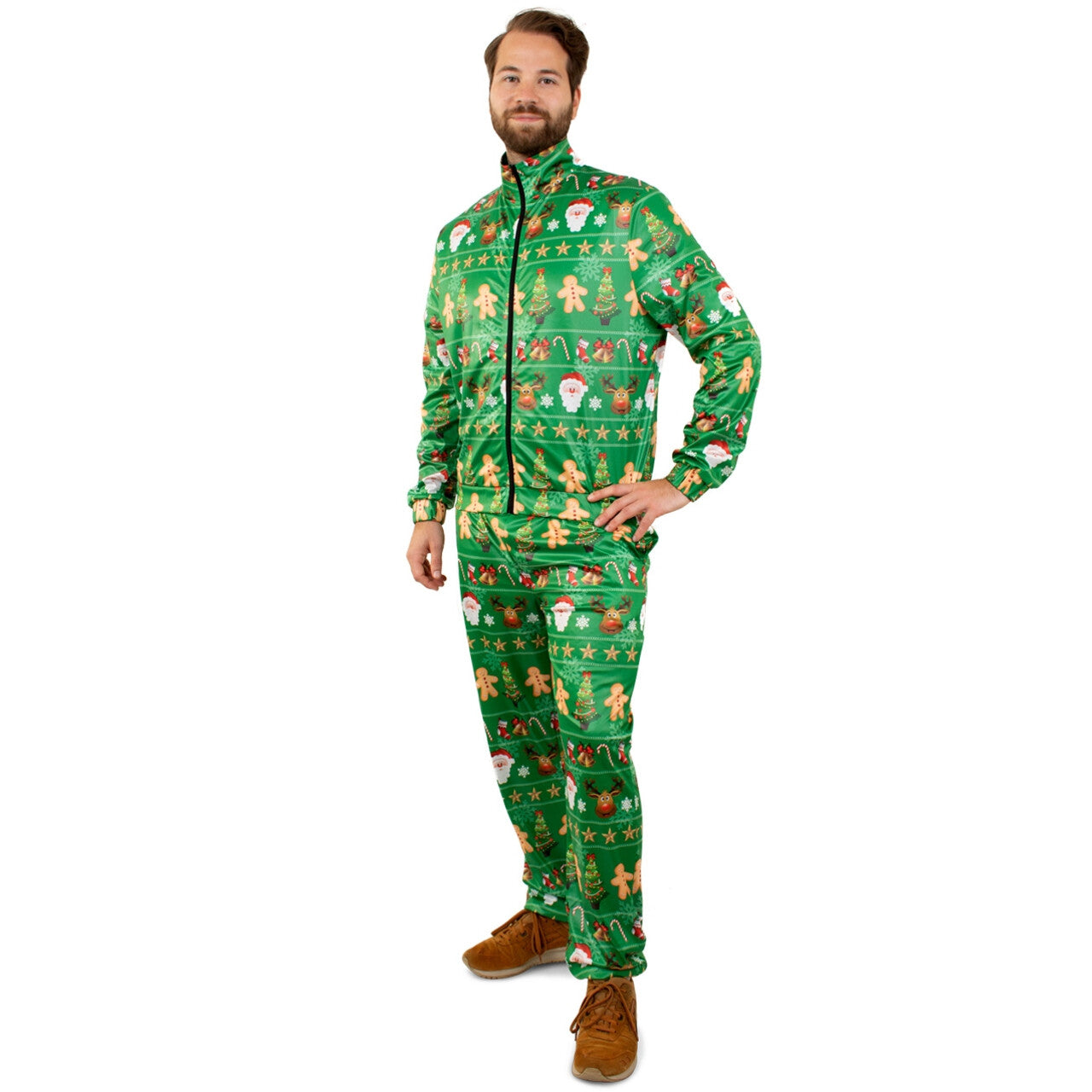 Op deze afbeelding zie je een Kostuums, van het merk PartyXplosion. Kerst Extra Kilo Af Trainingspak Man Kostuum