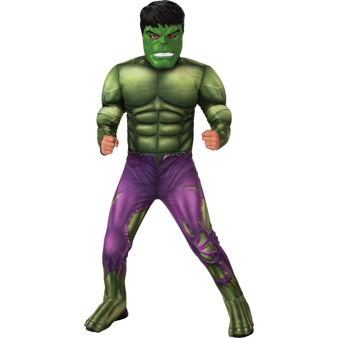 Op deze afbeelding zie je een Kostuums, van het merk Rubies. De Groene Sterke Hulk Deluxe Kind Kind Kostuum