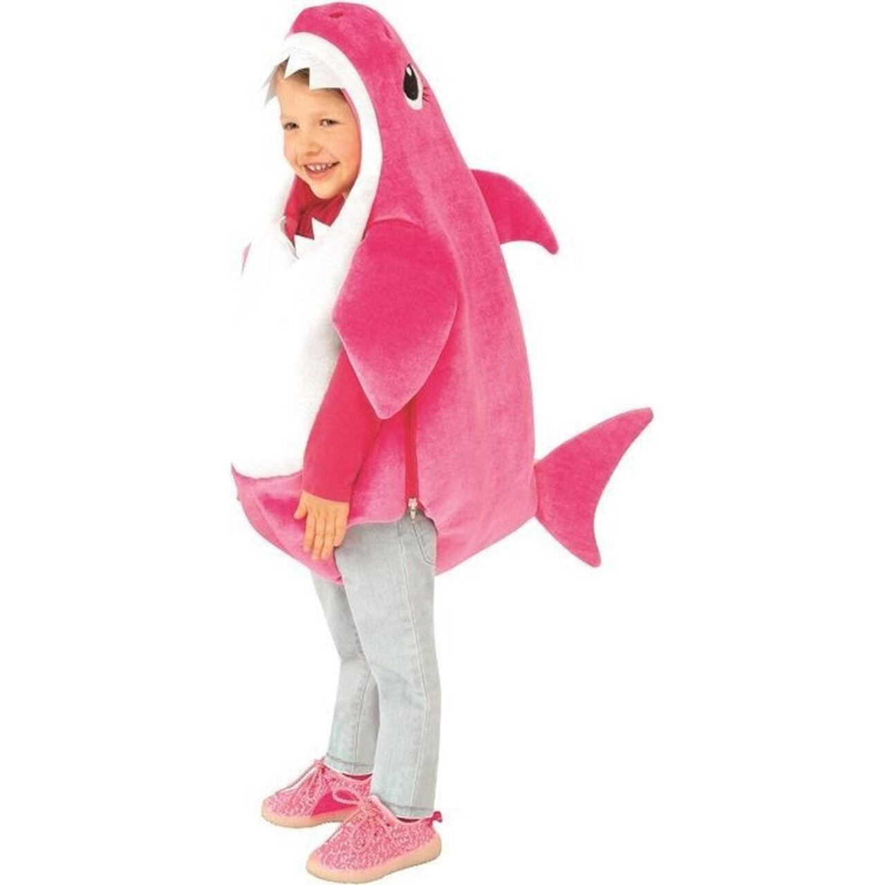 Op deze afbeelding zie je een Kostuums, van het merk Rubies. Roze Mommy Shark Kind Met Geluid Kind Kostuum