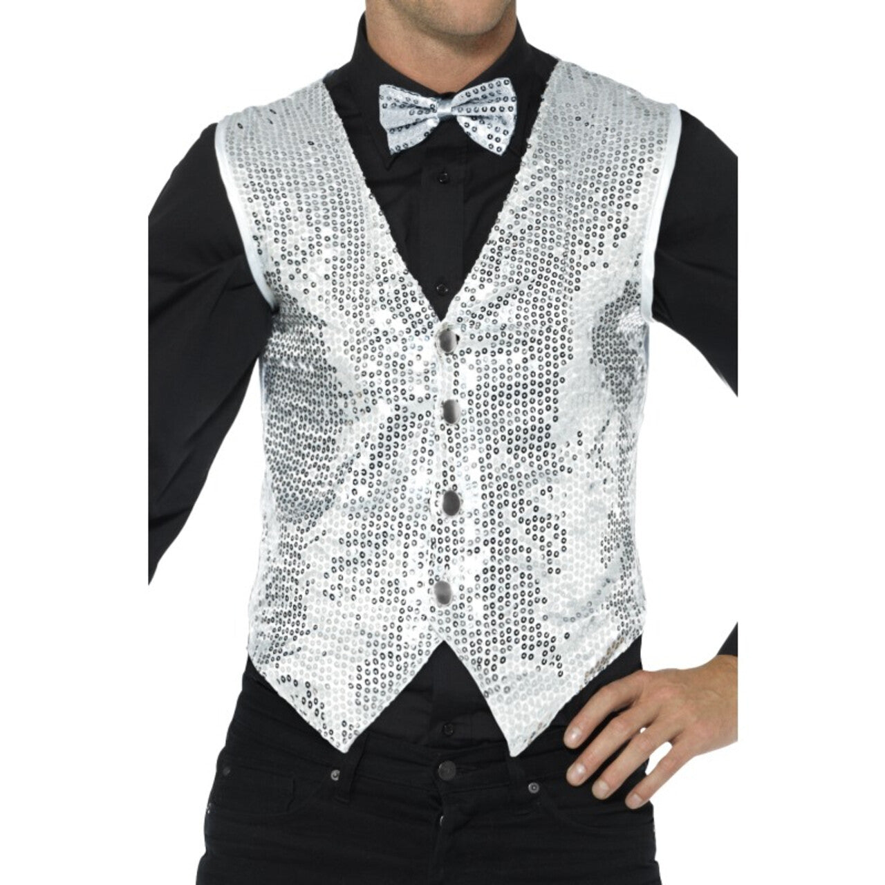 Op deze afbeelding zie je een Kostuums, van het merk Smiffy's. Glinsterend Zilveren Pailletten Vest Man