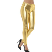 Op deze afbeelding zie je een Kostuums, van het merk Smiffy's. Gouden Metallic Disco Legging Vrouw