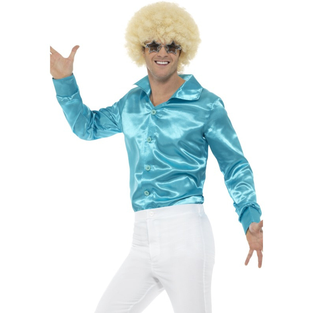 Op deze afbeelding zie je een Kostuums, van het merk Smiffy's. Lekker Krap Blauw Jaren 70 Disco Shirt Man