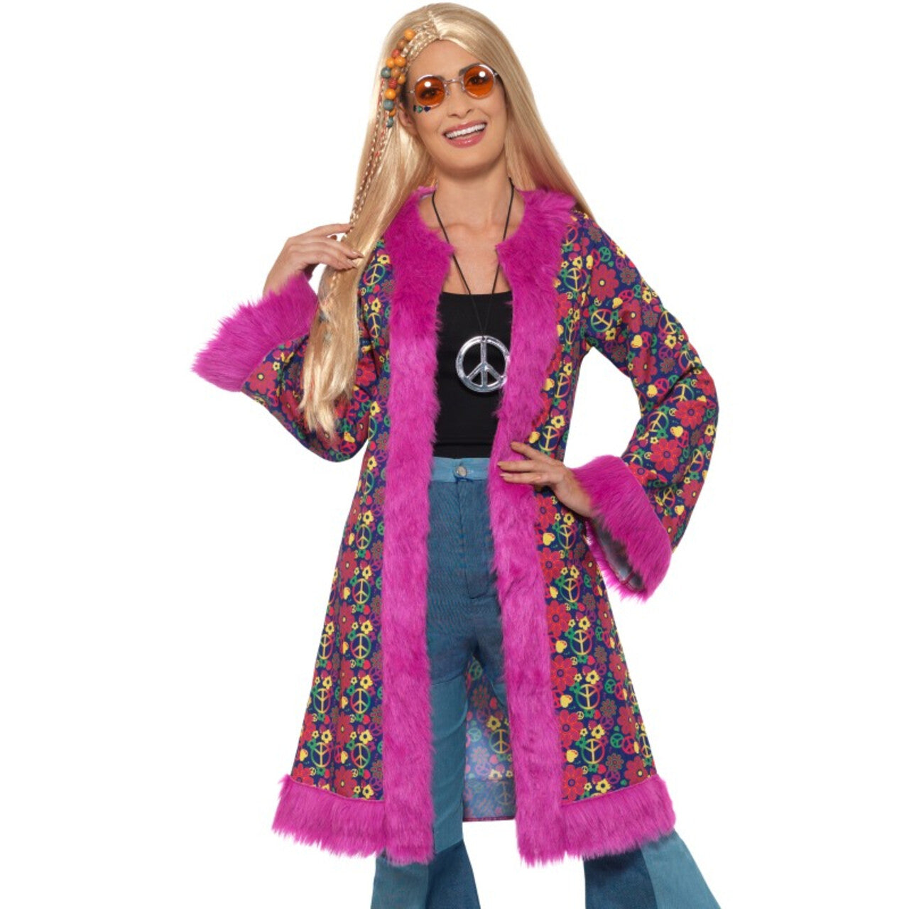 Op deze afbeelding zie je een Kostuums, van het merk Smiffy's. Grace Slick Flower Power Peace Jas Vrouw