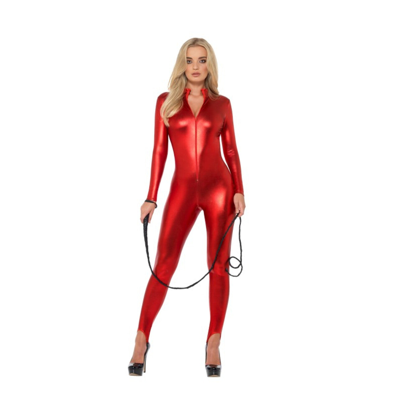 Op deze afbeelding zie je een Kostuums, van het merk Smiffy's. Opzwepend Glimmend Rood Catsuit Vrouw Kostuum