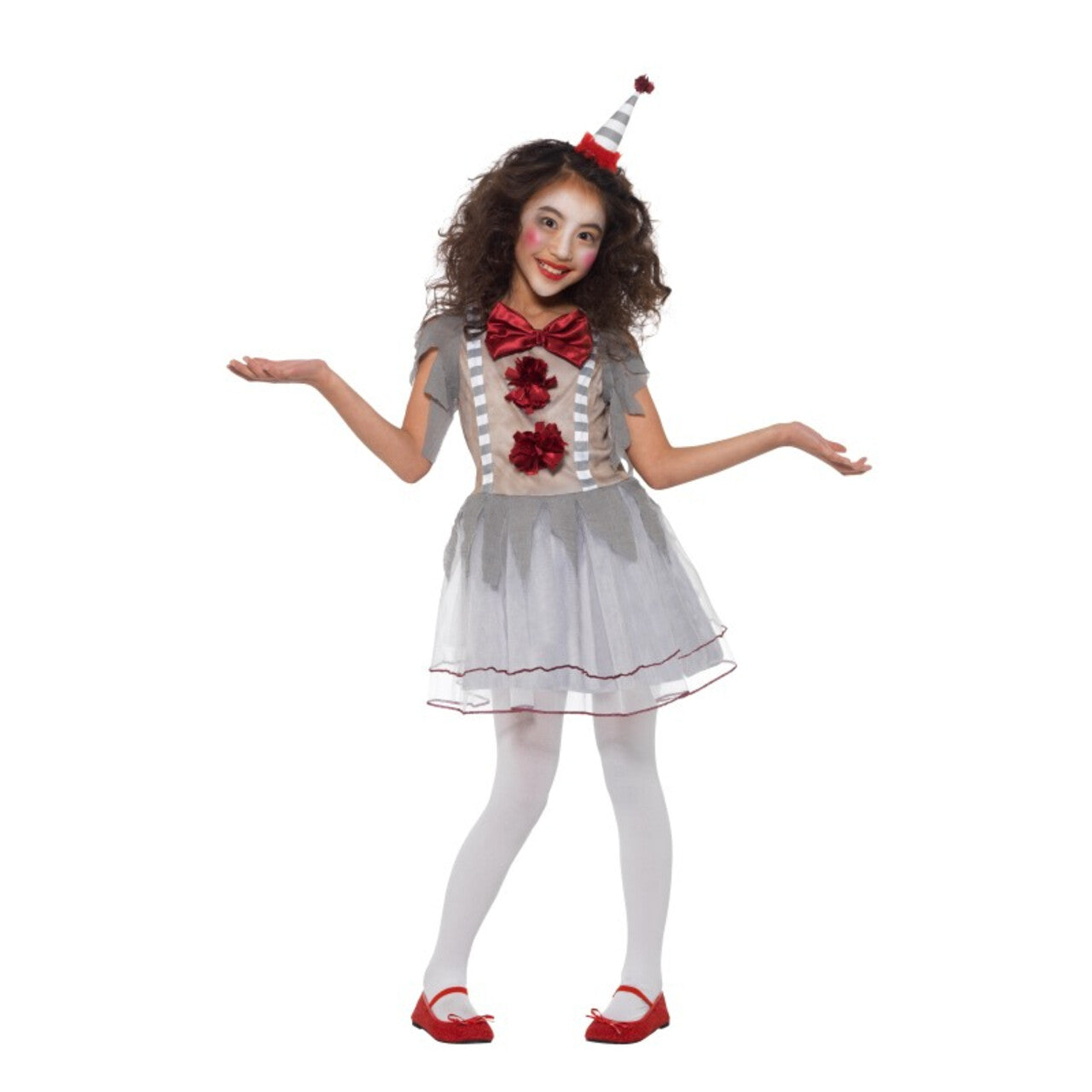 Op deze afbeelding zie je een Kostuums, van het merk Smiffy's. Grappige Grijze Grollen Clown Meisje Kostuum