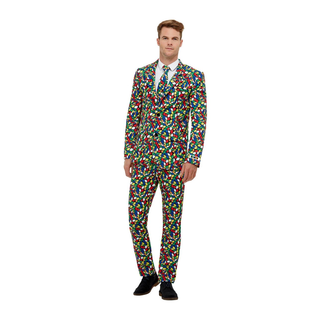 Op deze afbeelding zie je een Kostuums, van het merk Smiffy's. Kleurige Blokjes Rubiks Kubus Man Kostuum