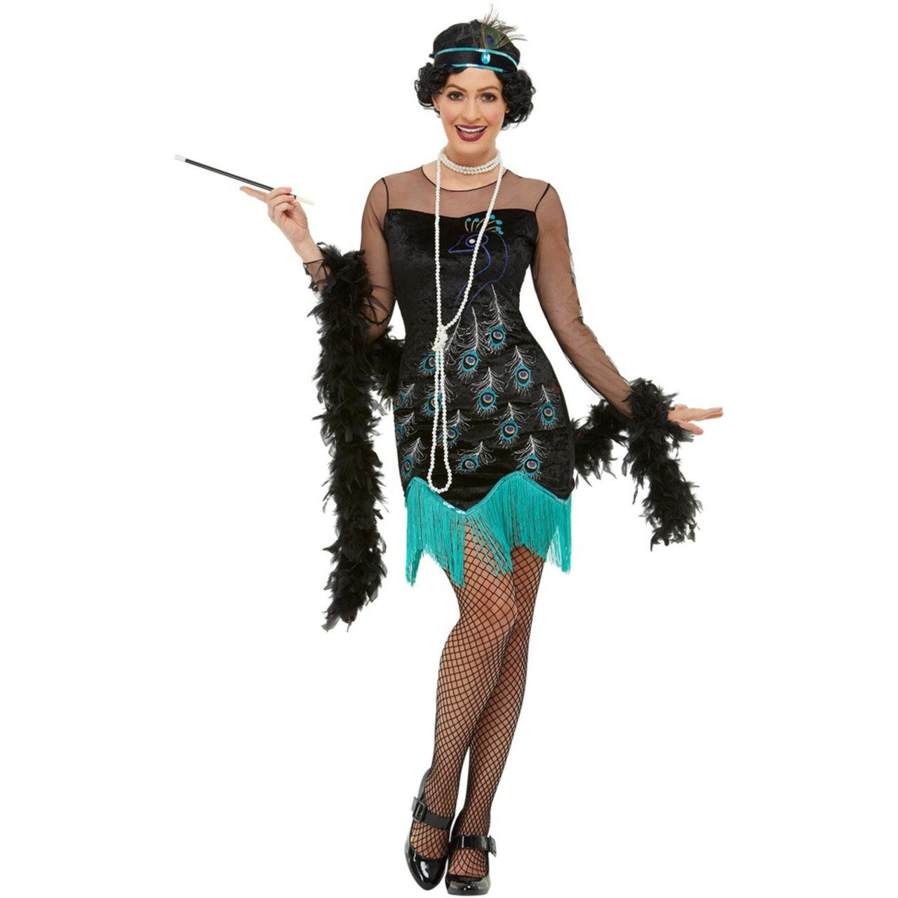 Op deze afbeelding zie je een Kostuums, van het merk Smiffy's. Charleston Flapper Pauw Motief Vrouw Kostuum