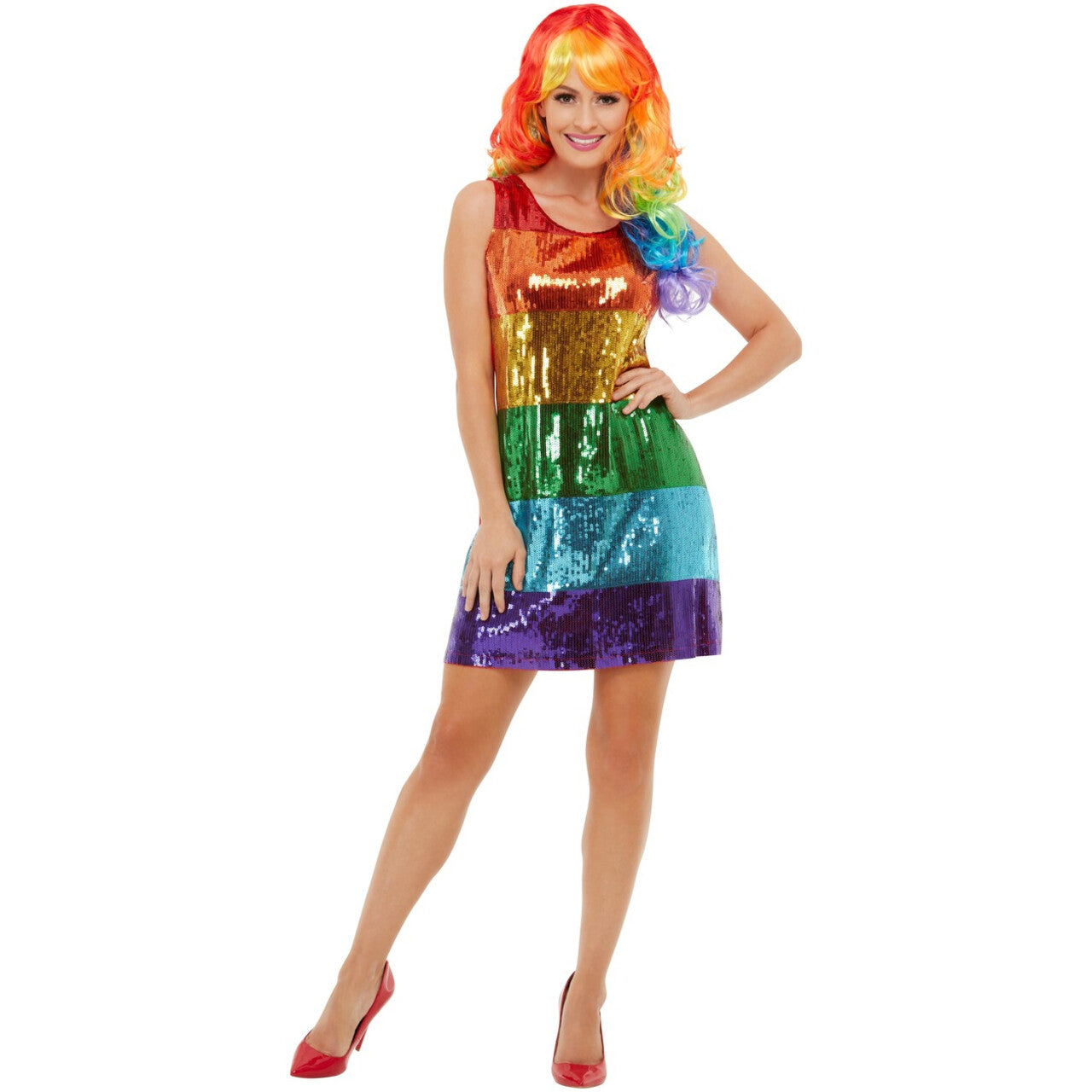Op deze afbeelding zie je een Kostuums, van het merk Smiffy's. Vrolijk Glitter Regenboog Vrouw Kostuum