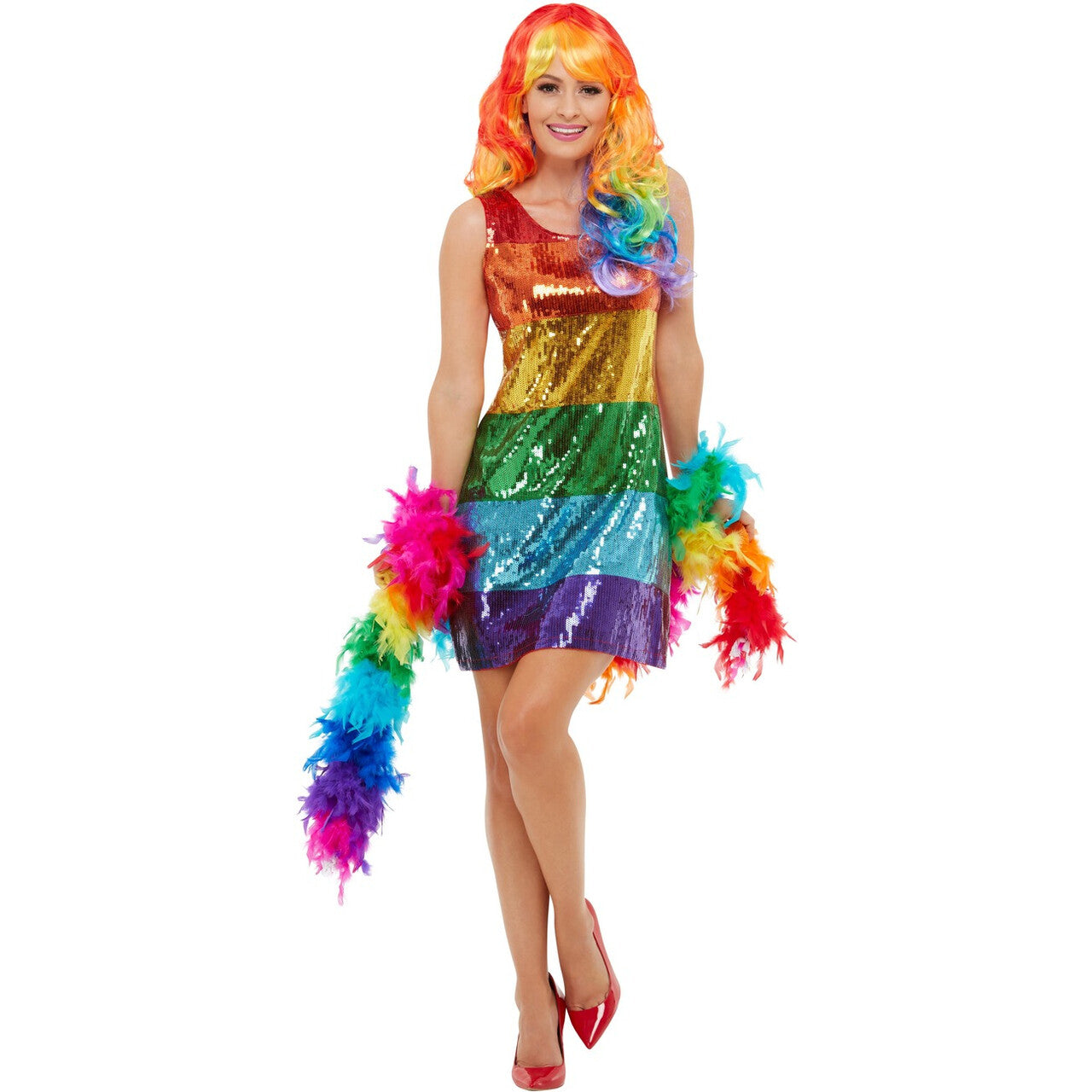 Op deze afbeelding zie je een Kostuums, van het merk Smiffy's. Vrolijk Glitter Regenboog Vrouw Kostuum