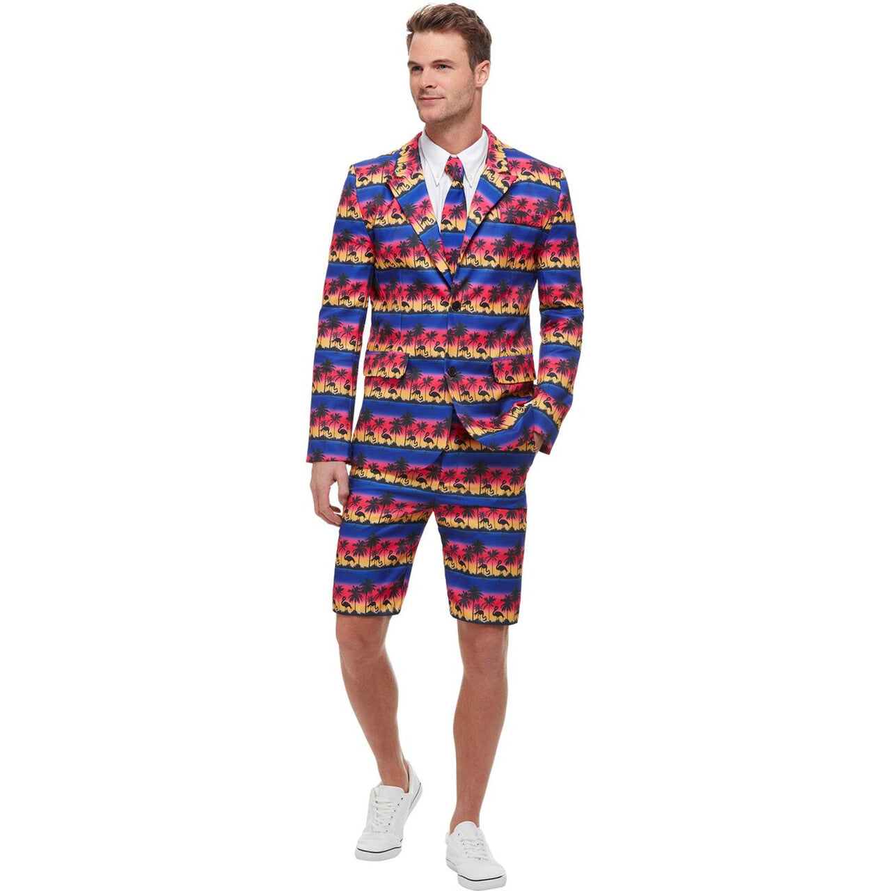 Op deze afbeelding zie je een Kostuums, van het merk Smiffy's. Tropische Zonsondergang Flamingo Man Kostuum