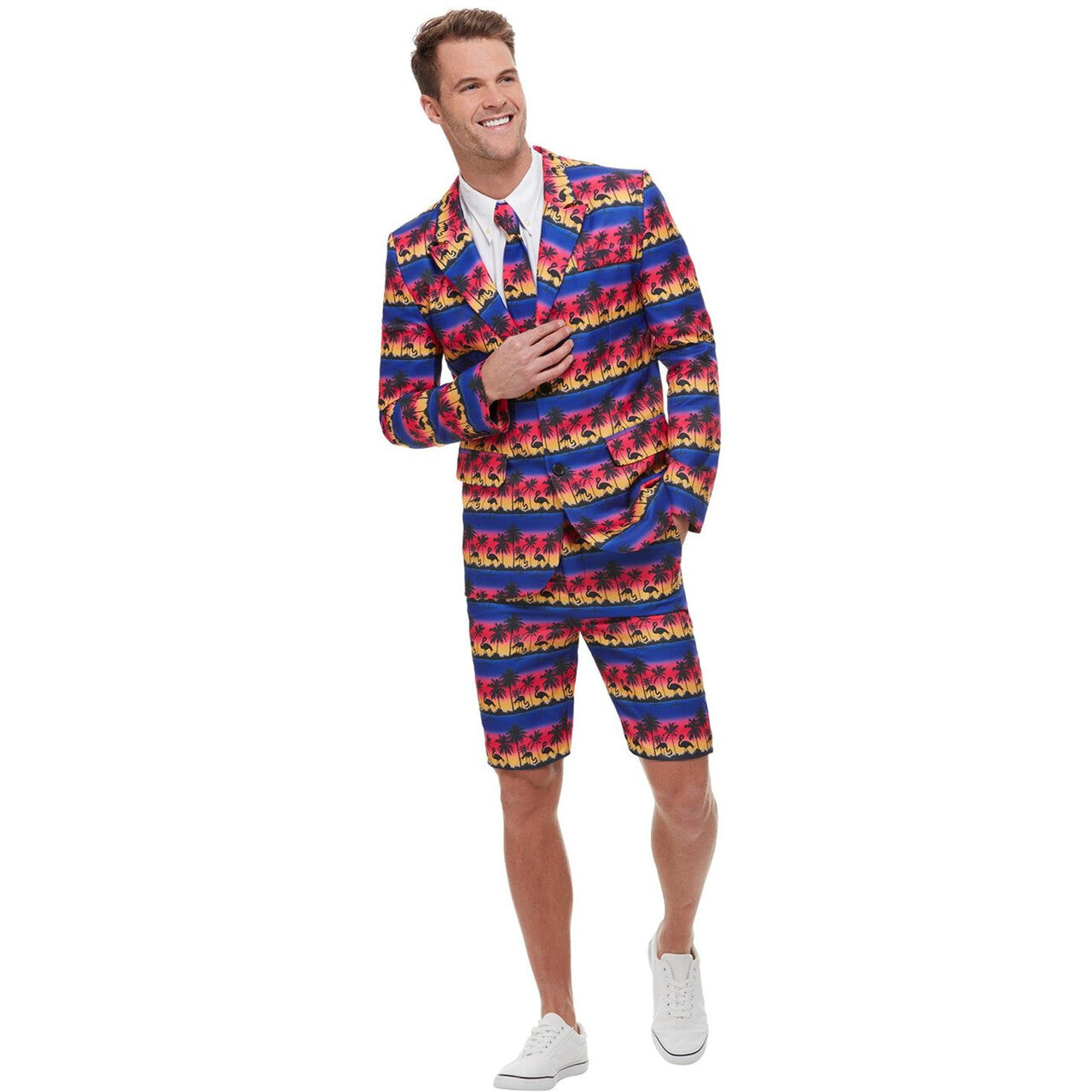Op deze afbeelding zie je een Kostuums, van het merk Smiffy's. Tropische Zonsondergang Flamingo Man Kostuum