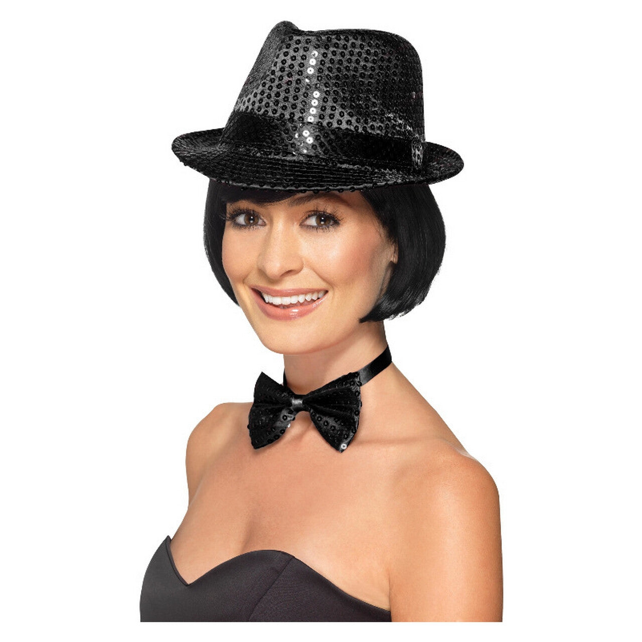 Op deze afbeelding zie je een Accessoires, van het merk Smiffy's. Pailletten Hoed Fedora Zwart
