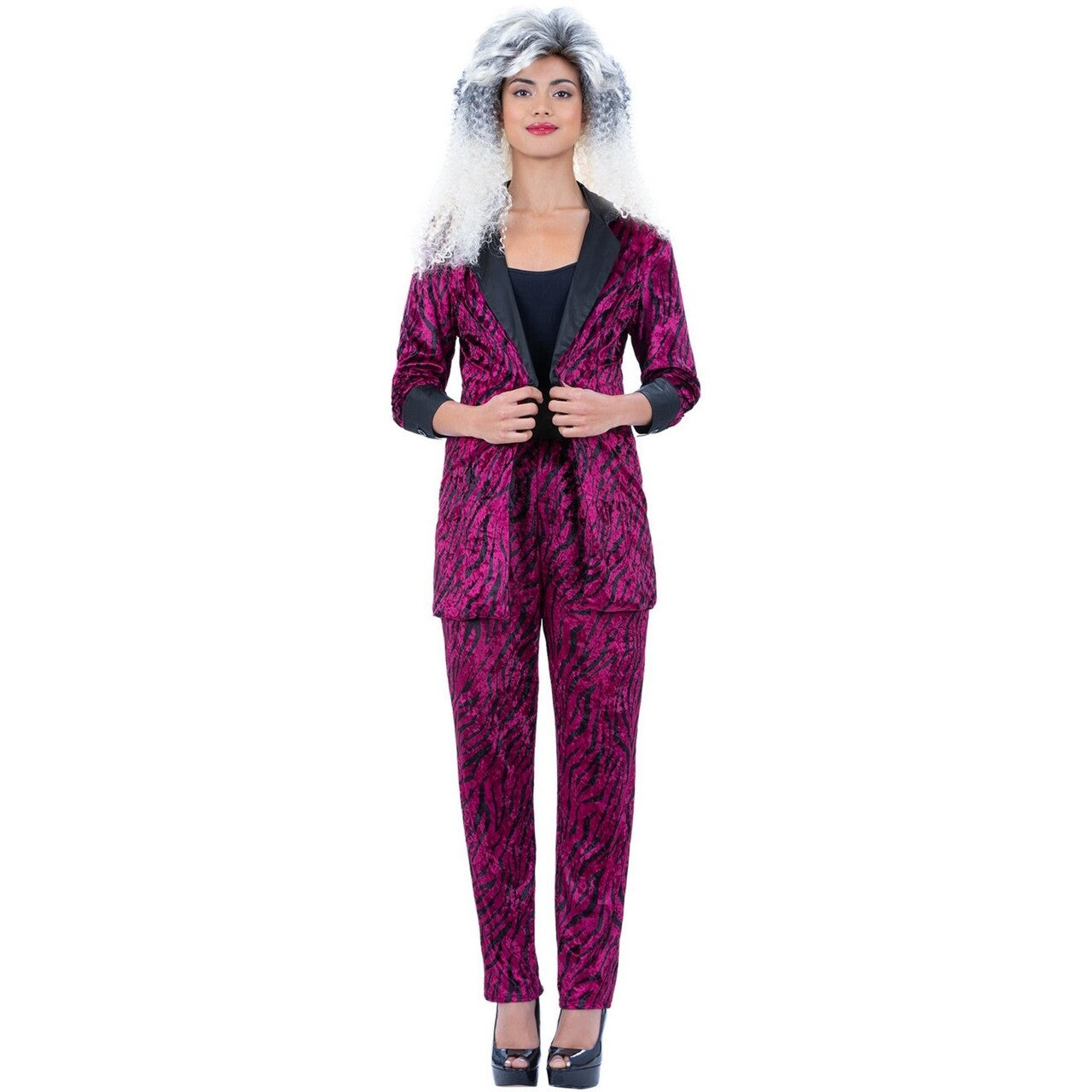 Op deze afbeelding zie je een Kostuums, van het merk Smiffy's. Fout 80s Pink Zebra Suit Vrouw Kostuum