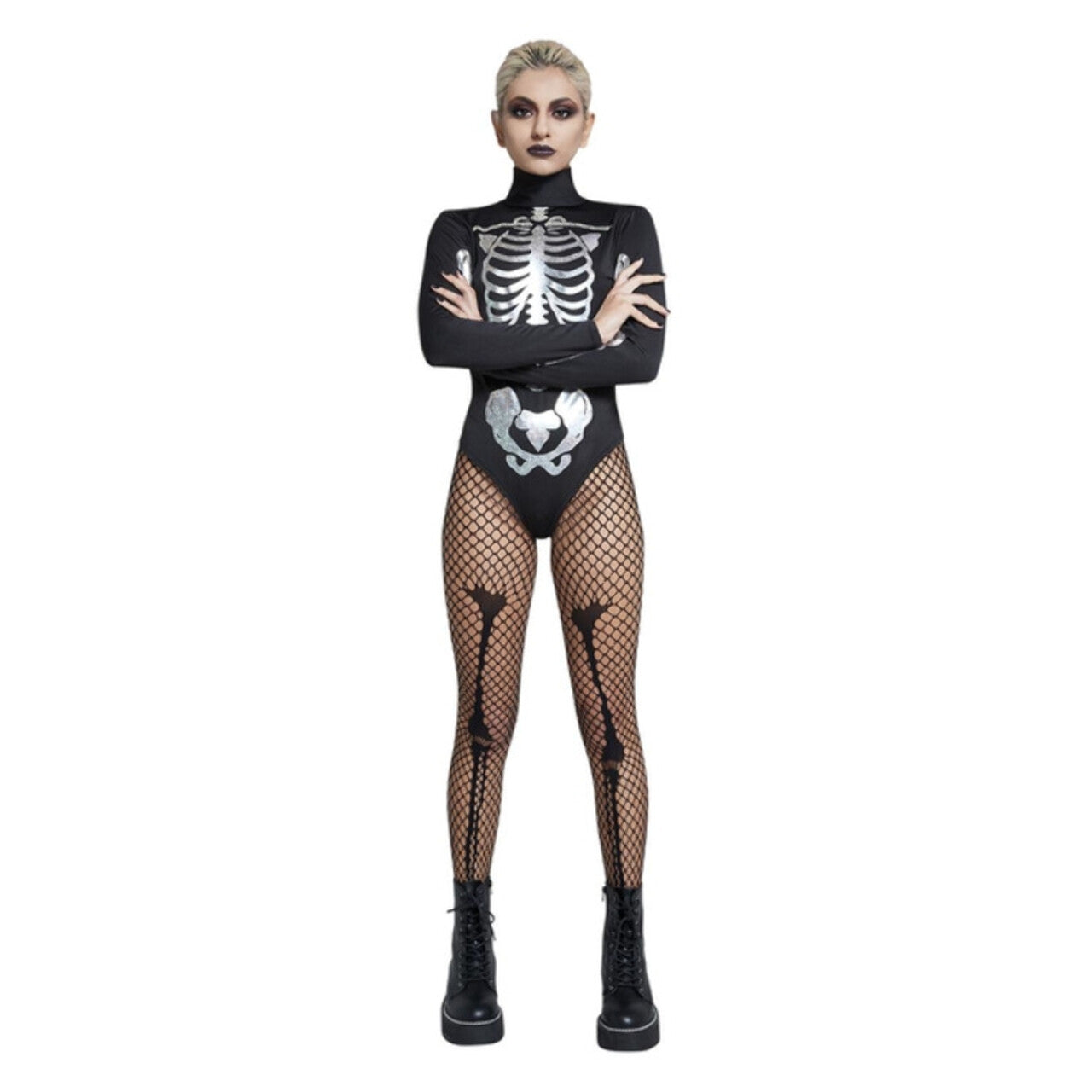 Op deze afbeelding zie je een Kostuums, van het merk Smiffy's. Zwart Met Zilver Skelet Body Vrouw