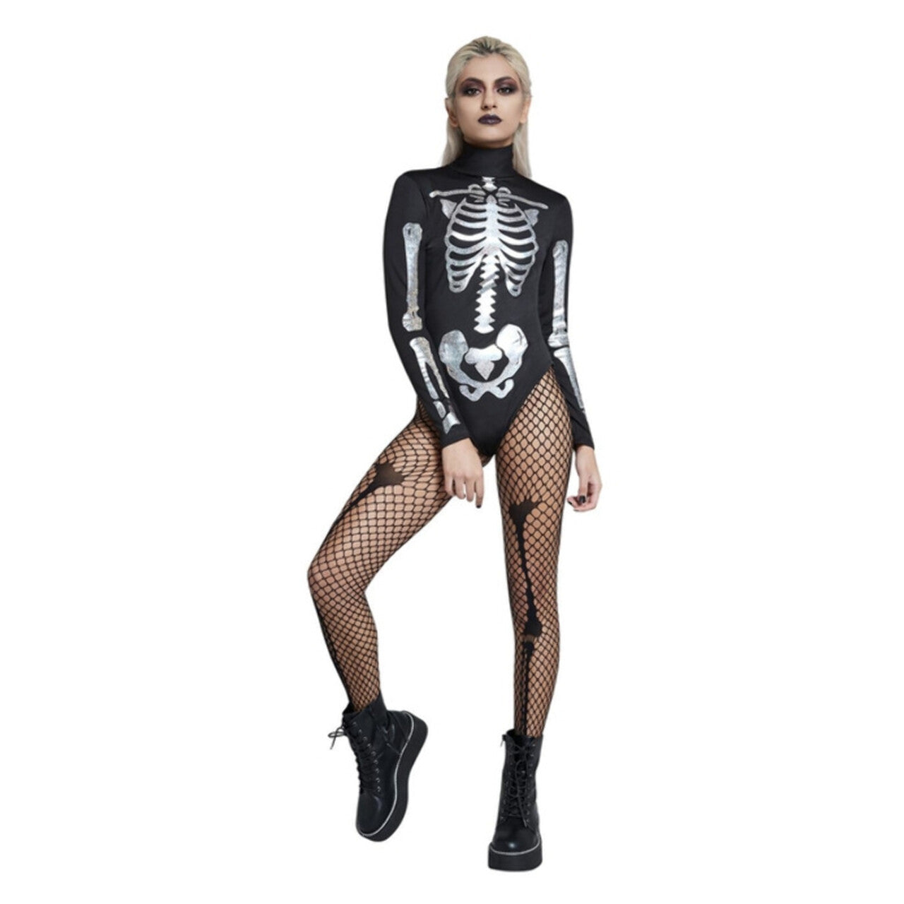 Op deze afbeelding zie je een Kostuums, van het merk Smiffy's. Zwart Met Zilver Skelet Body Vrouw