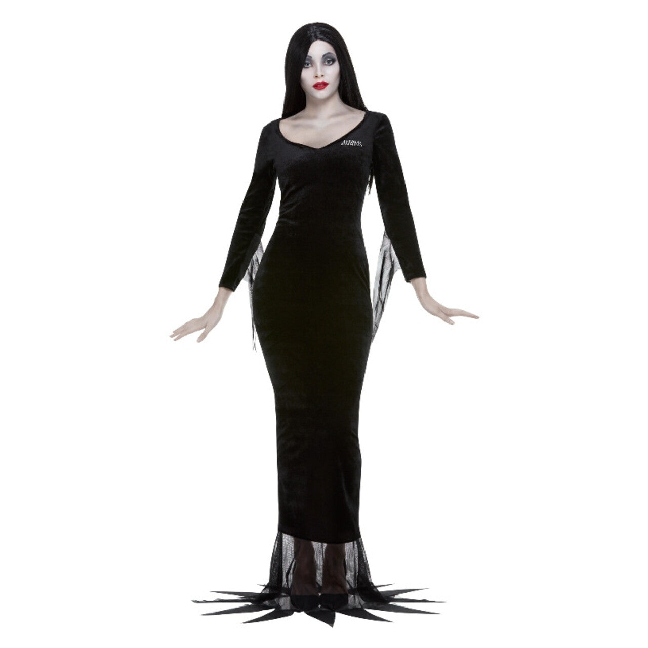 Op deze afbeelding zie je een Kostuums, van het merk Smiffy's. Addams Family Morticia Vrouw Kostuum