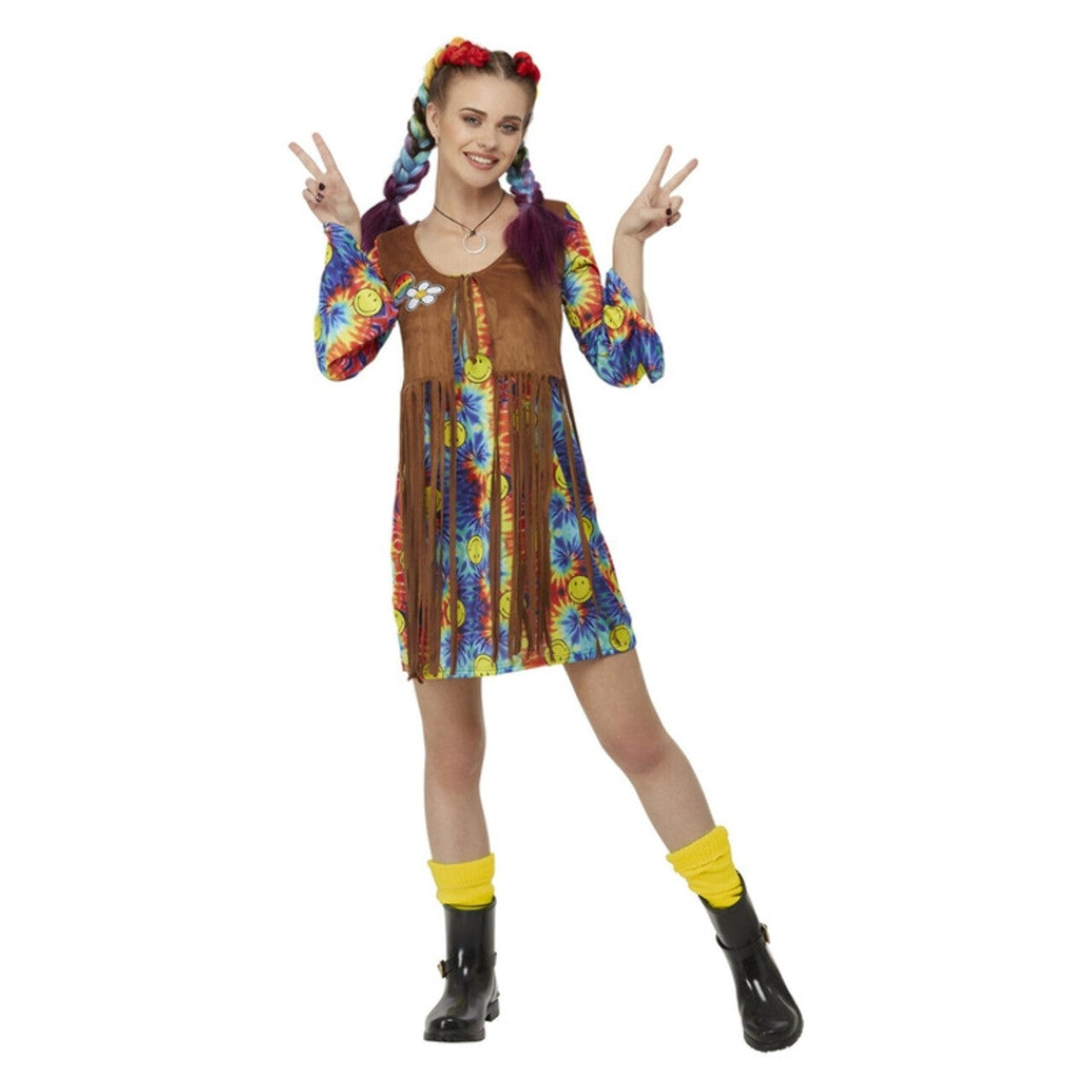 Op deze afbeelding zie je een Kostuums, van het merk Smiffy's. Smiley Hippie Jurk Vrouw